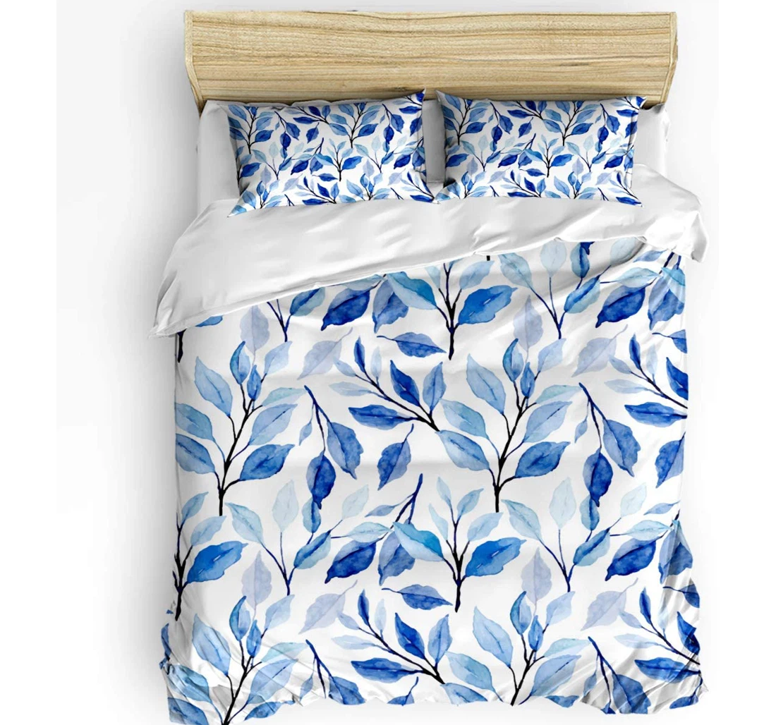 Personalized Bedding Set - Blue Leaves Watercolor Plant Floral Pattern Included 1 Ultra Soft Duvet Cover or Quilt and 2 Lightweight Breathe Pillowcases