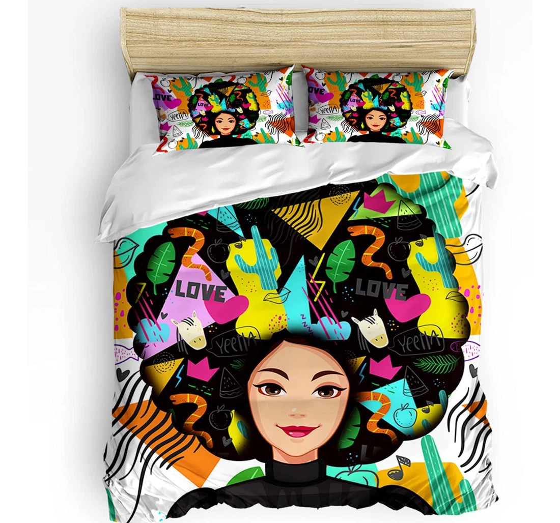 Personalized Bedding Set - African Women Afro Explosive Hair Included 1 Ultra Soft Duvet Cover or Quilt and 2 Lightweight Breathe Pillowcases