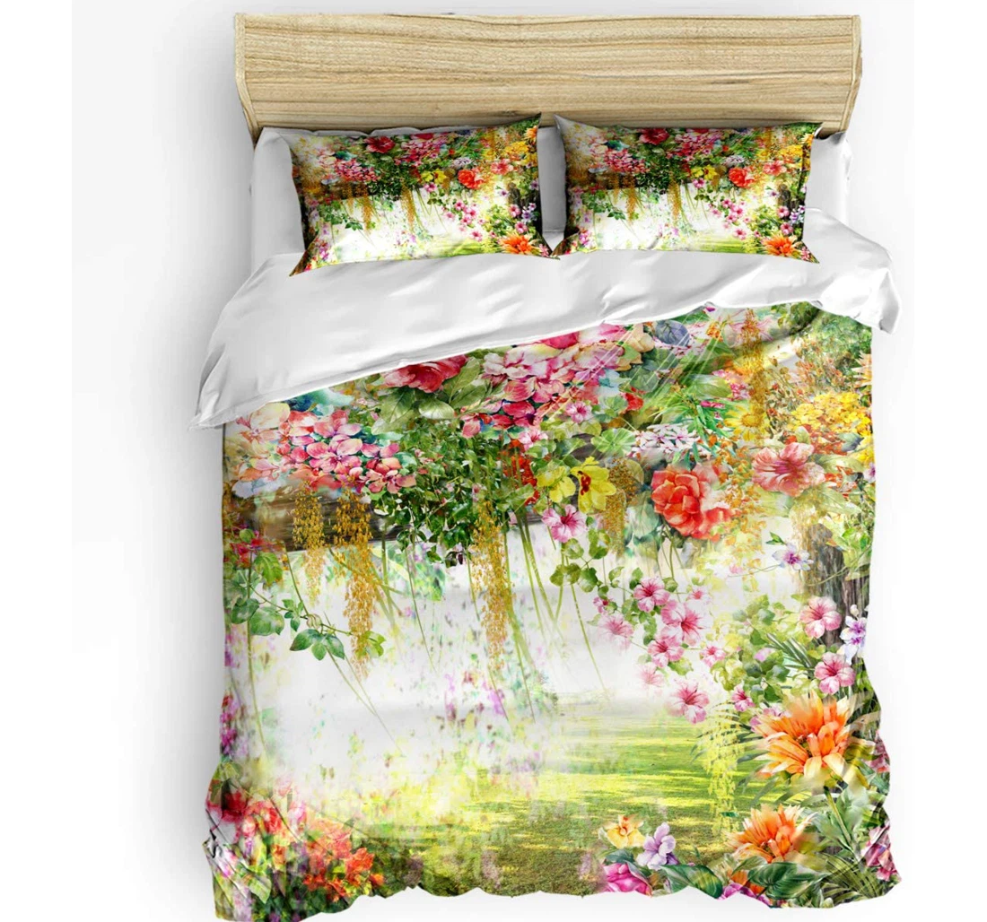 Personalized Bedding Set - Spring Flowers Colorful Floral Green Leaves Included 1 Ultra Soft Duvet Cover or Quilt and 2 Lightweight Breathe Pillowcases