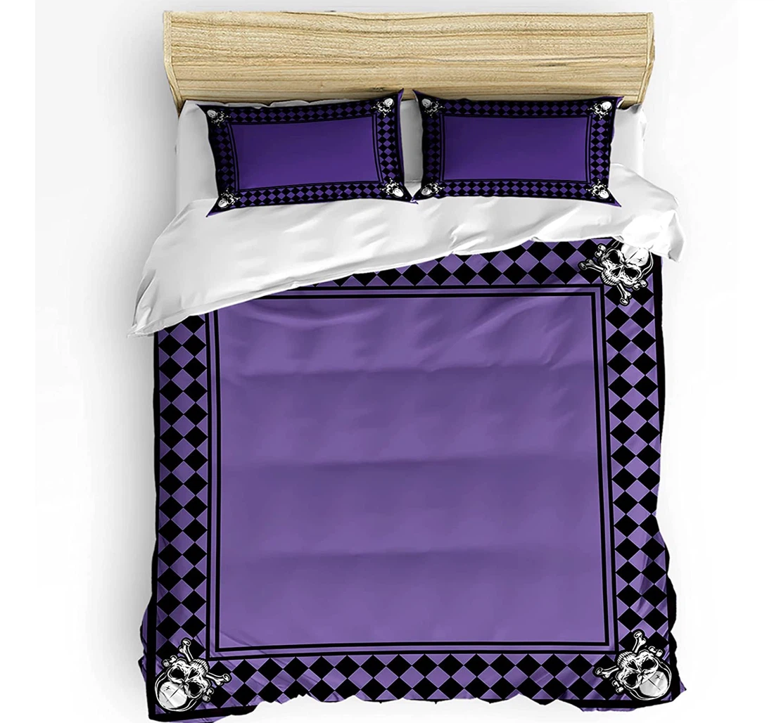 Personalized Bedding Set - Halloween Skull Black Check Plaid Purple Backdrop Included 1 Ultra Soft Duvet Cover or Quilt and 2 Lightweight Breathe Pillowcases