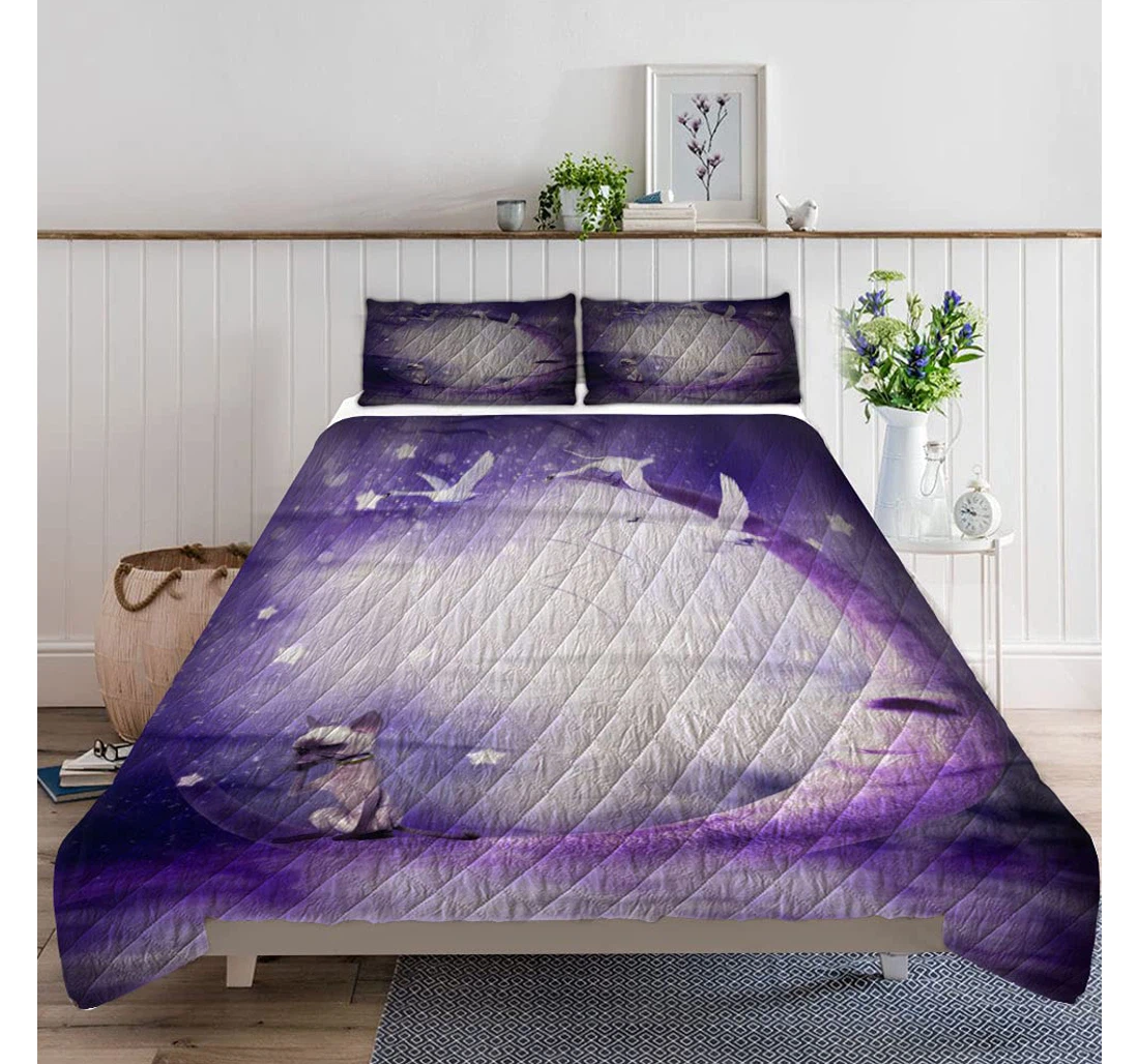 Personalized Bedding Set - Purple Moon Swans Cat Included 1 Ultra Soft Duvet Cover or Quilt and 2 Lightweight Breathe Pillowcases