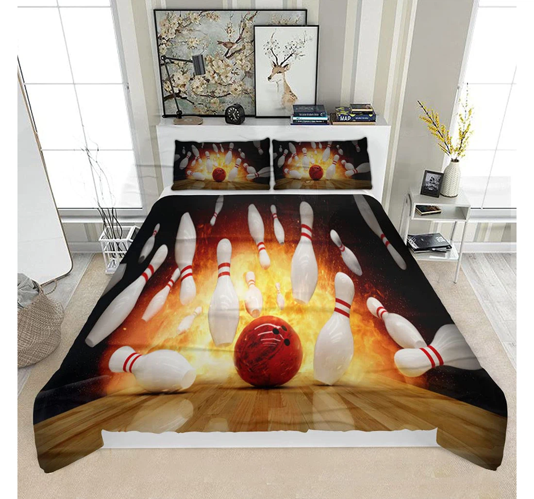 Personalized Bedding Set - Bowling Strike Hit Fire Explosion Concept1 Solf Included 1 Ultra Soft Duvet Cover or Quilt and 2 Lightweight Breathe Pillowcases