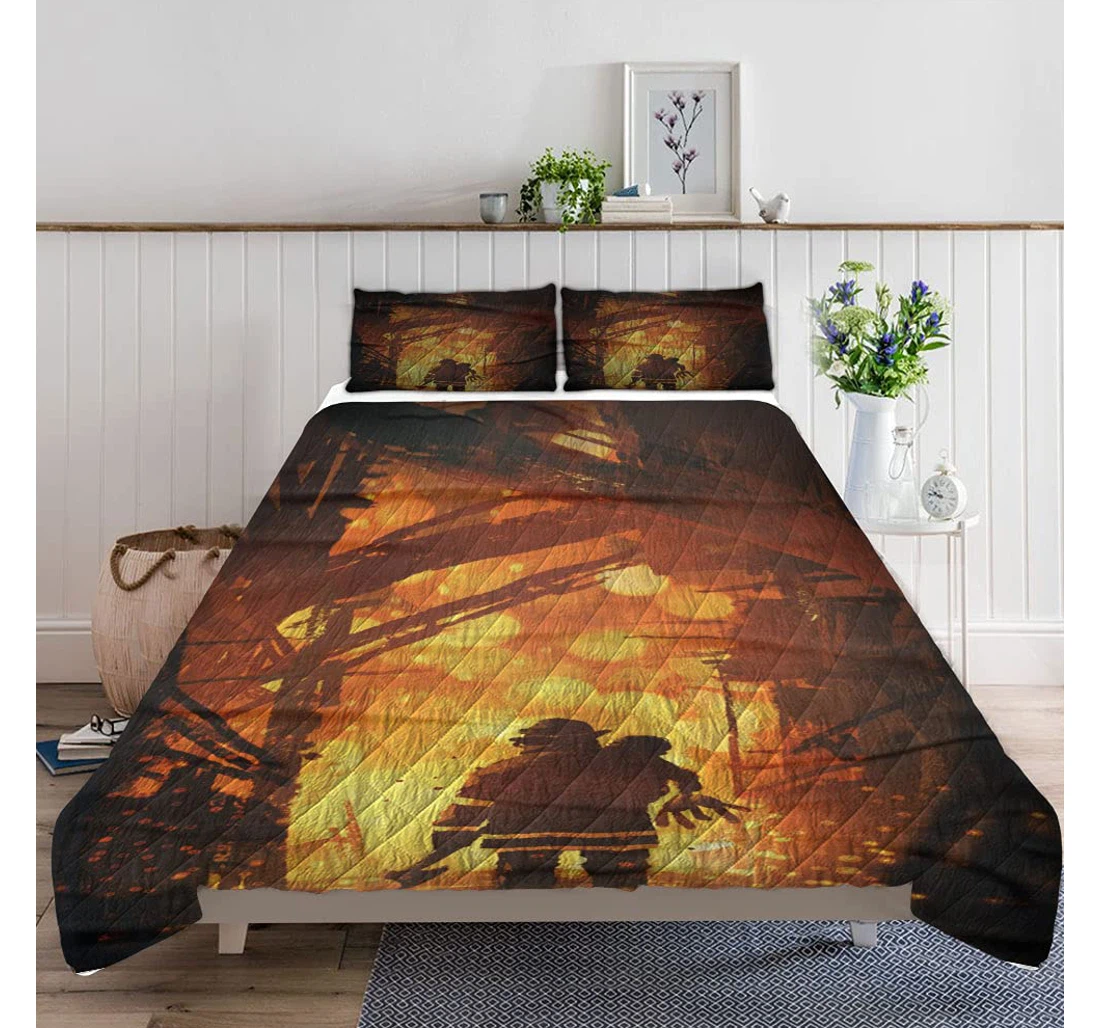 Personalized Bedding Set - Back View Firefighter Holding Child Standing Included 1 Ultra Soft Duvet Cover or Quilt and 2 Lightweight Breathe Pillowcases