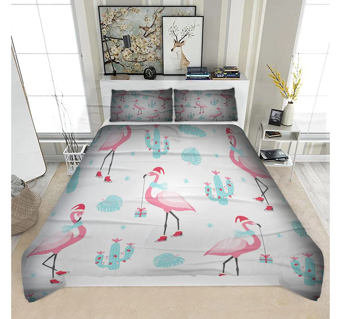 Bedding Set - Christmas Cute Flamingo On Skates Solf Included 1 Ultra Soft Duvet Cover or Quilt and 2 Lightweight Breathe Pillowcases