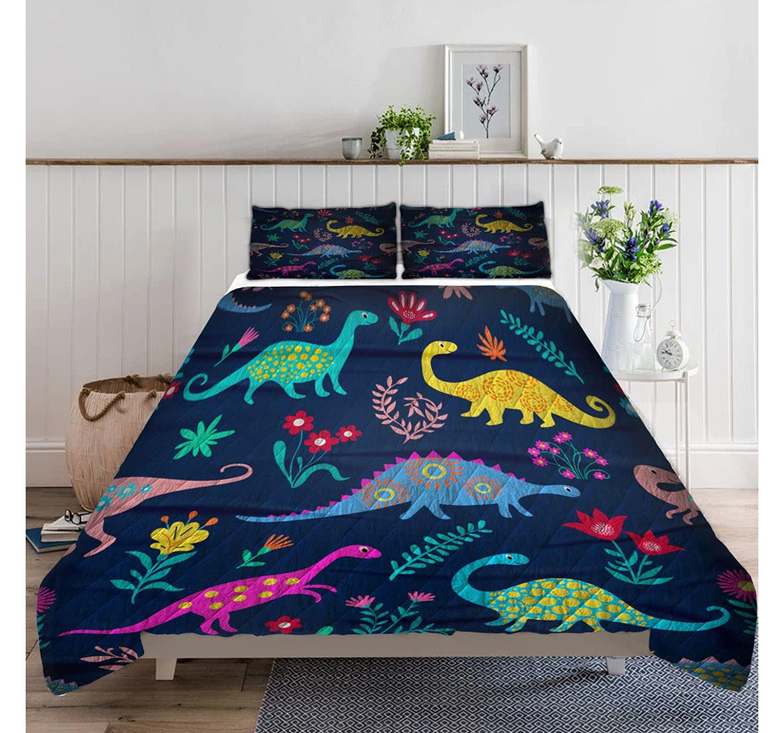 Personalized Bedding Set - Dinosaurs Cute Pattern Included 1 Ultra Soft Duvet Cover or Quilt and 2 Lightweight Breathe Pillowcases