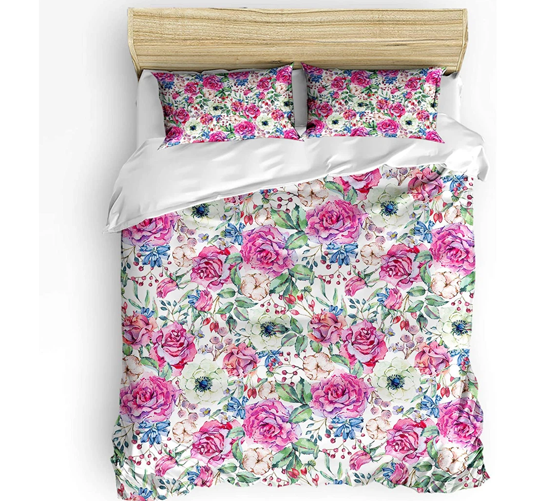 Personalized Bedding Set - Watercolor Flowers Rose Floral Pattern Included 1 Ultra Soft Duvet Cover or Quilt and 2 Lightweight Breathe Pillowcases