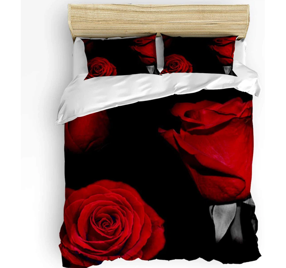 Personalized Bedding Set - Glam Fire Rose Black Leaves Romantic Floral Included 1 Ultra Soft Duvet Cover or Quilt and 2 Lightweight Breathe Pillowcases