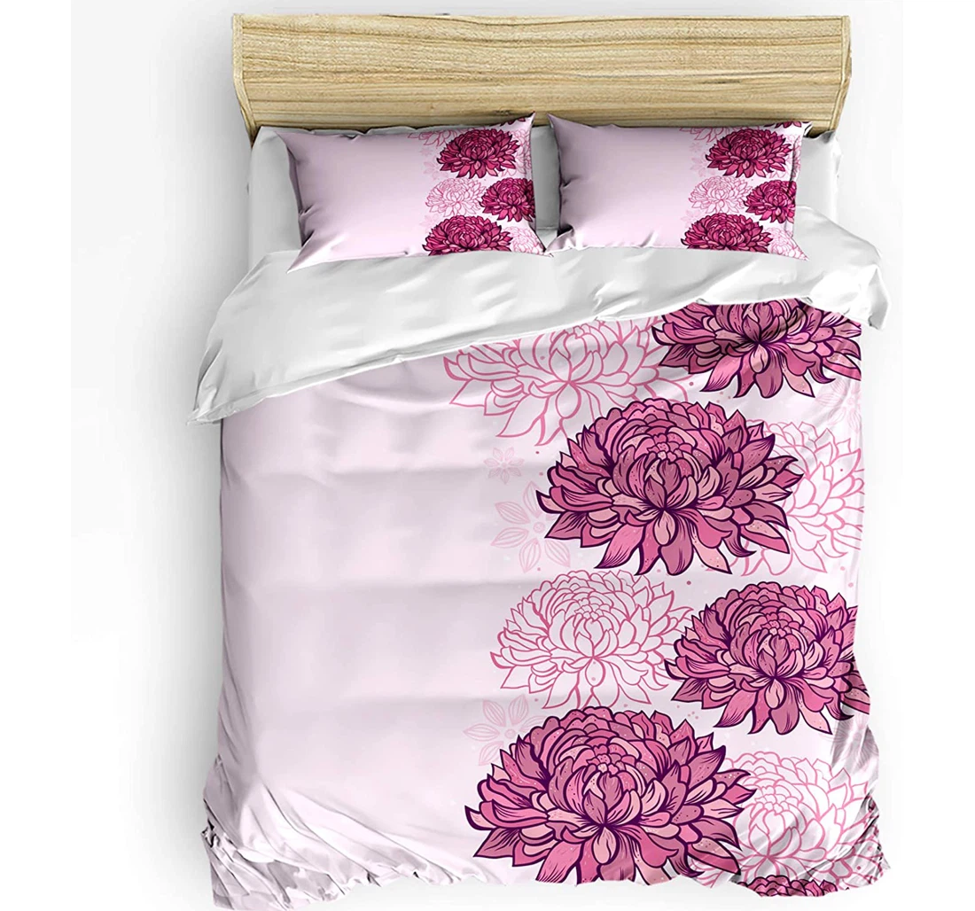 Personalized Bedding Set - Chrysanthemum Pink Flowers Floral Pattern Included 1 Ultra Soft Duvet Cover or Quilt and 2 Lightweight Breathe Pillowcases