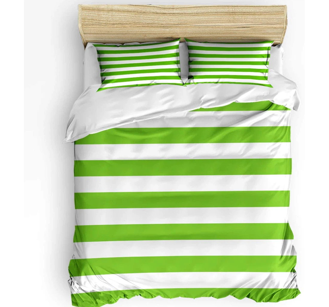 Personalized Bedding Set - Green White Stripes Striped Simple Style Included 1 Ultra Soft Duvet Cover or Quilt and 2 Lightweight Breathe Pillowcases
