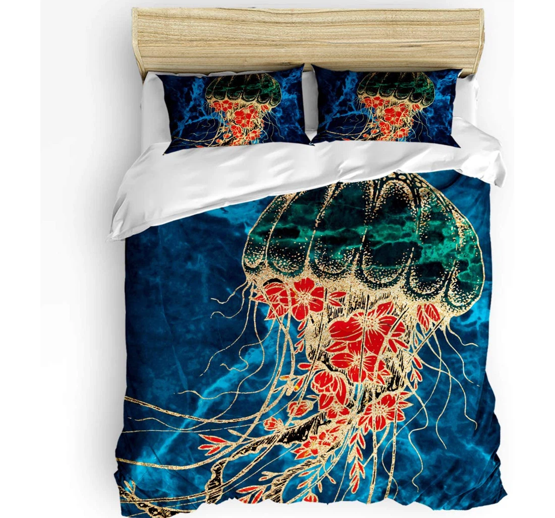 Personalized Bedding Set - Marble Texture Floral Jellyfish Pattern Included 1 Ultra Soft Duvet Cover or Quilt and 2 Lightweight Breathe Pillowcases