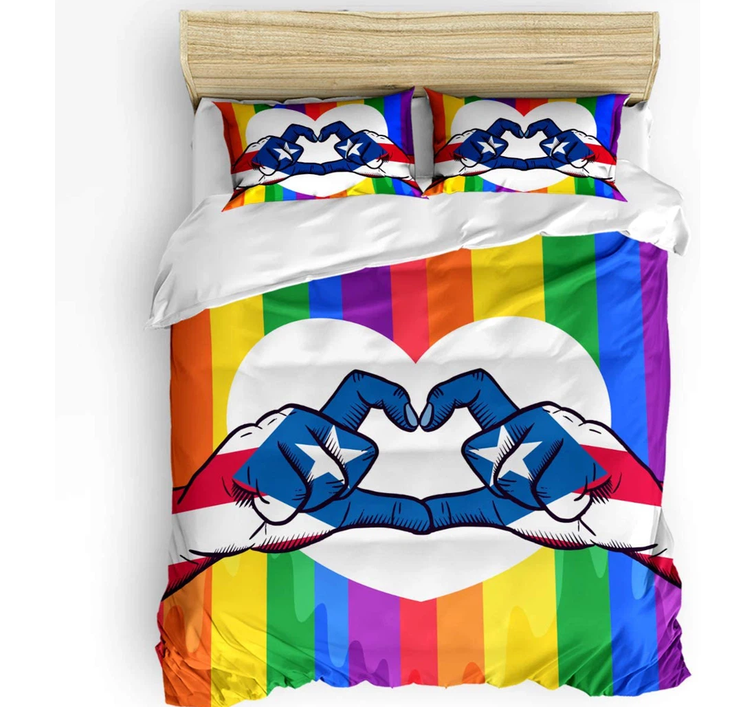 Personalized Bedding Set - Puerto Rico Flag Love Hearts Hand Rainbow Color Included 1 Ultra Soft Duvet Cover or Quilt and 2 Lightweight Breathe Pillowcases