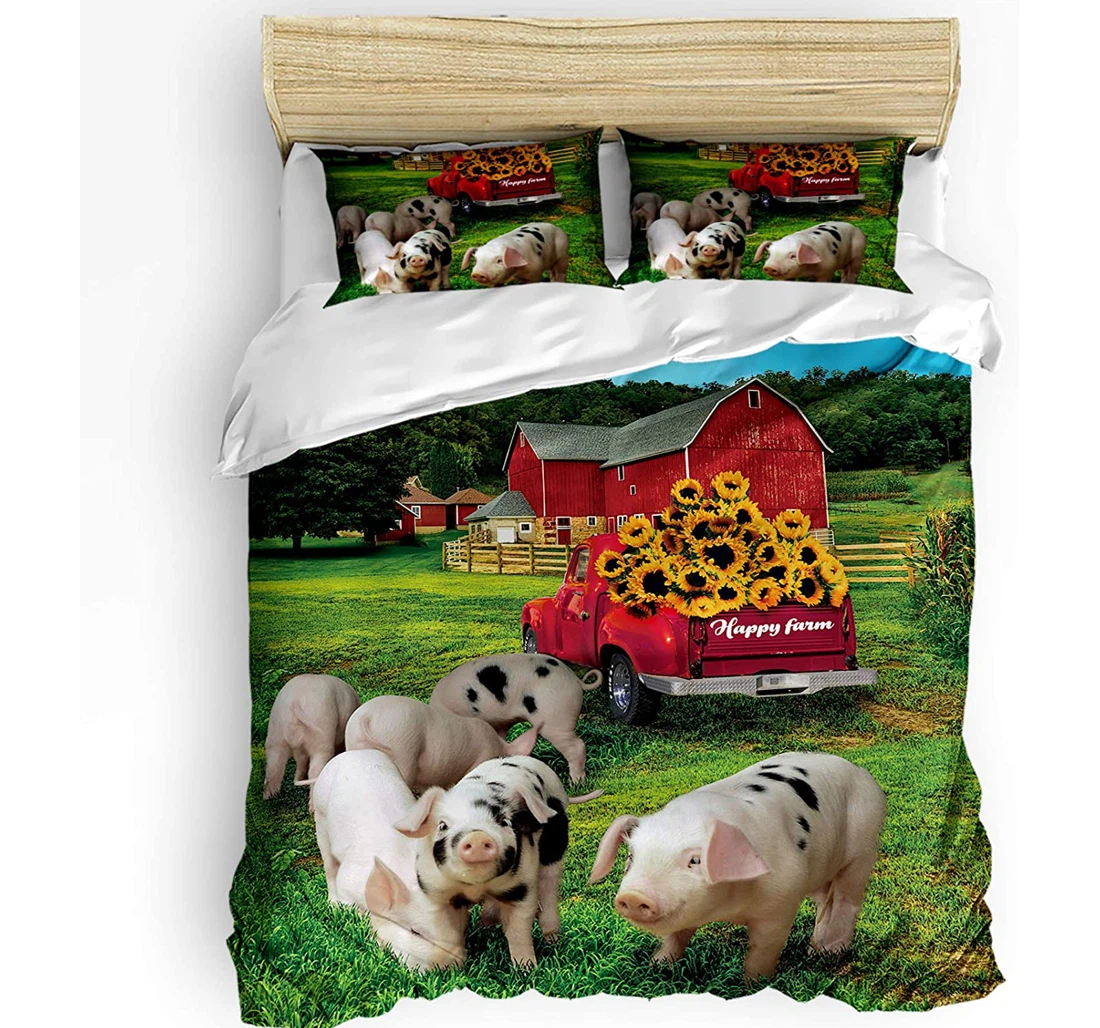 Personalized Bedding Set - Farmhouse Animal Pig Truck Barn Sunflower Included 1 Ultra Soft Duvet Cover or Quilt and 2 Lightweight Breathe Pillowcases