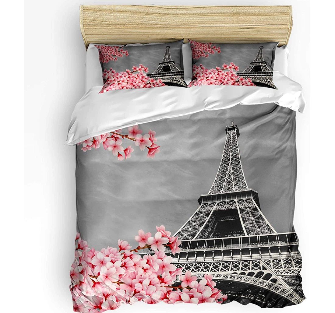 Personalized Bedding Set - Eiffel Tower Sakura Cherry Blossom Flowers Included 1 Ultra Soft Duvet Cover or Quilt and 2 Lightweight Breathe Pillowcases
