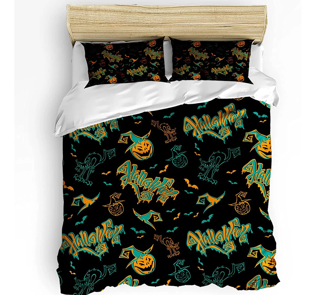 Personalized Bedding Set - Halloween Funny Grimace Pumpkin Cat Bats Witch Hat Included 1 Ultra Soft Duvet Cover or Quilt and 2 Lightweight Breathe Pillowcases