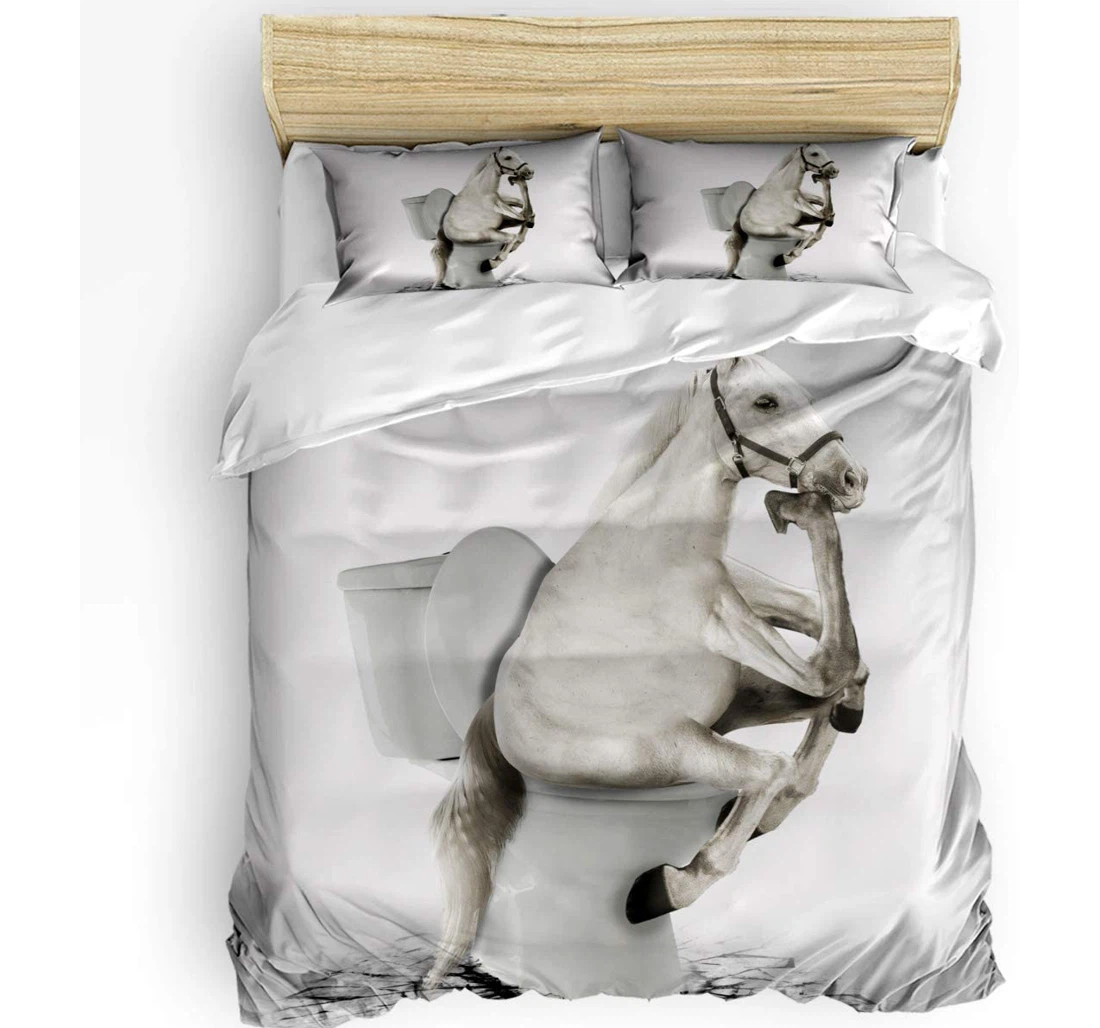 Personalized Bedding Set - Animal Thinker On Toilet Funny Horse Sitting On The Toilet Included 1 Ultra Soft Duvet Cover or Quilt and 2 Lightweight Breathe Pillowcases