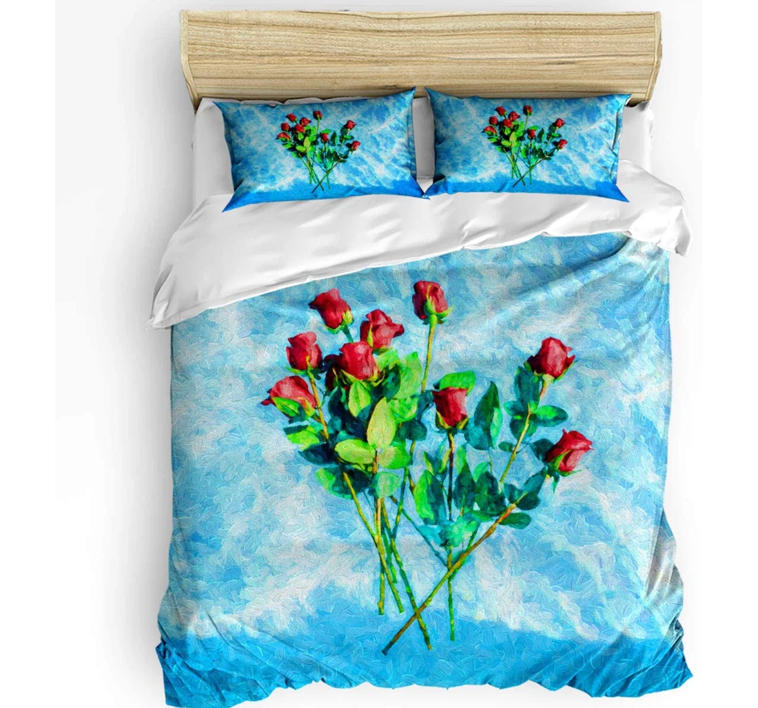 Personalized Bedding Set - Rose Floral Blue Background Flower Bouquet Included 1 Ultra Soft Duvet Cover or Quilt and 2 Lightweight Breathe Pillowcases