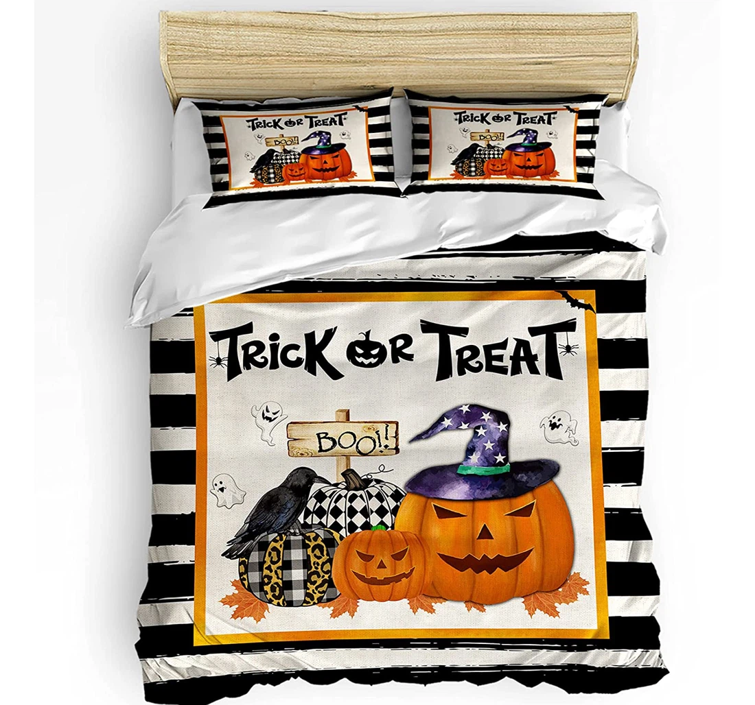 Personalized Bedding Set - Halloween Pumpkin Crow Boo Trick Treat Black Stripes Included 1 Ultra Soft Duvet Cover or Quilt and 2 Lightweight Breathe Pillowcases
