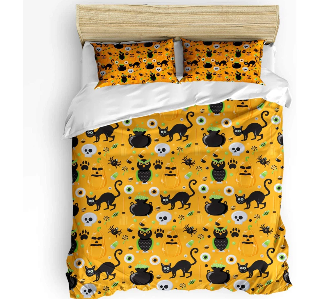 Personalized Bedding Set - Halloween Pumpkin Owl Skull Candy Broom Paws Orange Included 1 Ultra Soft Duvet Cover or Quilt and 2 Lightweight Breathe Pillowcases