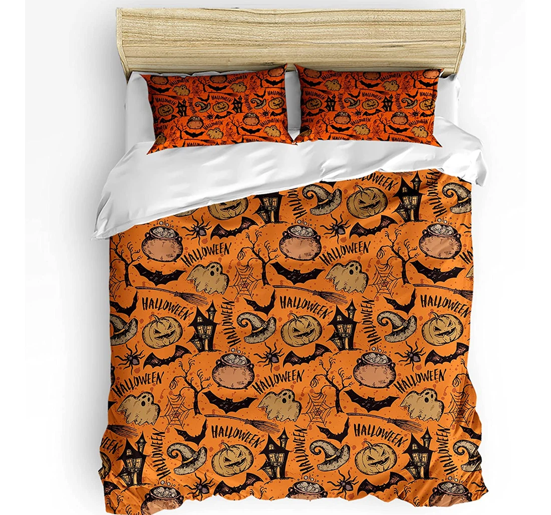 Personalized Bedding Set - Halloween Grimace Pumpkin Bats Ghosts Witch Hat Included 1 Ultra Soft Duvet Cover or Quilt and 2 Lightweight Breathe Pillowcases