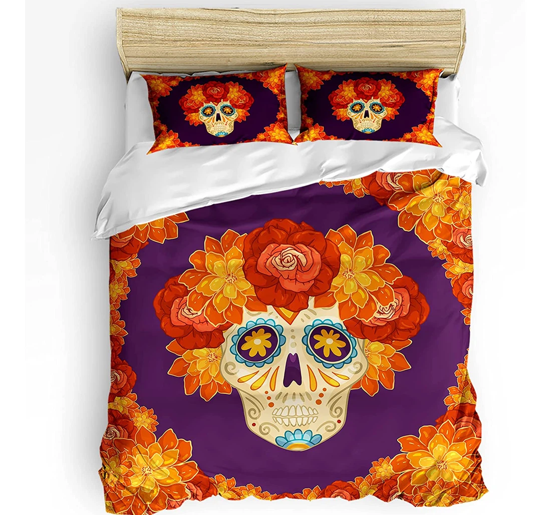 Personalized Bedding Set - Halloween Orange Flowers Wreath Floral Skull Skeleton Included 1 Ultra Soft Duvet Cover or Quilt and 2 Lightweight Breathe Pillowcases
