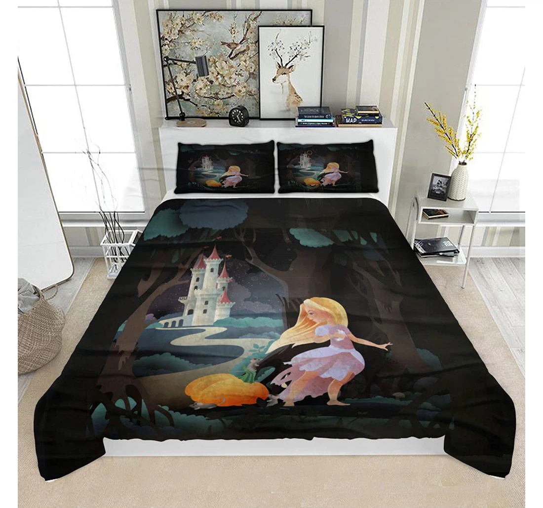 Personalized Bedding Set - Cinderella Holding Shoe Hand Pumpkin Mice Solf Included 1 Ultra Soft Duvet Cover or Quilt and 2 Lightweight Breathe Pillowcases