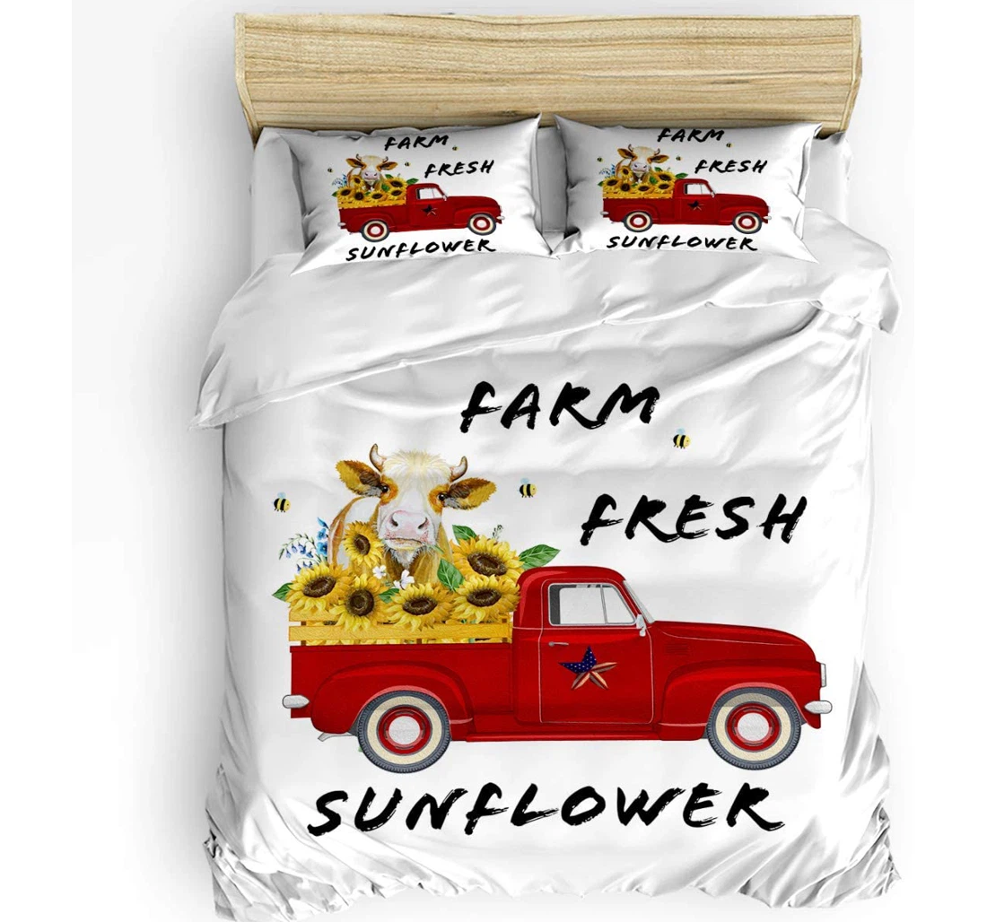 Personalized Bedding Set - Truck Cow Farm Fresh Sunflower Vintage Floral Plants Included 1 Ultra Soft Duvet Cover or Quilt and 2 Lightweight Breathe Pillowcases