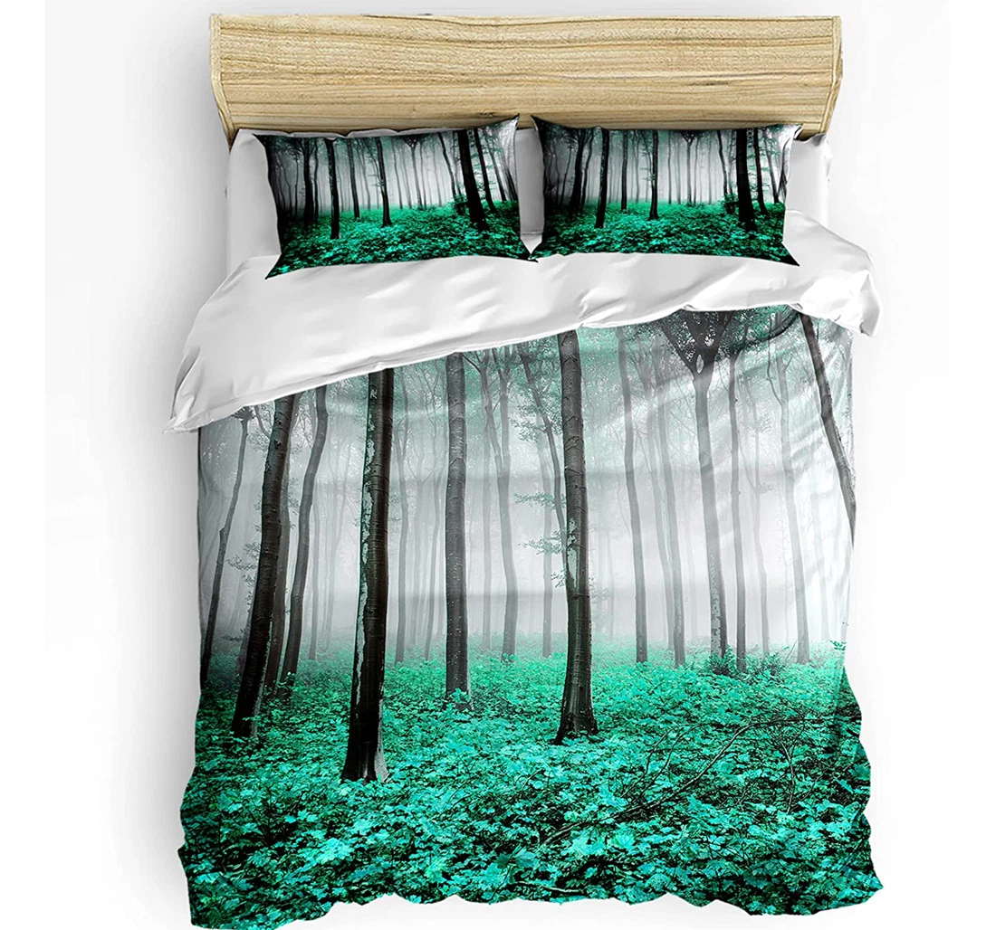 Personalized Bedding Set - Autumn Maple Forest Teal Green Included 1 Ultra Soft Duvet Cover or Quilt and 2 Lightweight Breathe Pillowcases
