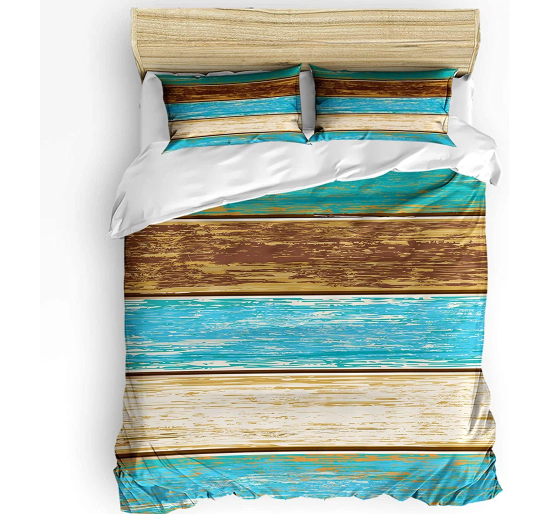 Personalized Bedding Set - Farmhouse Ombre Wooden Board Vintage Wood Grain Turquoise Blue Included 1 Ultra Soft Duvet Cover or Quilt and 2 Lightweight Breathe Pillowcases