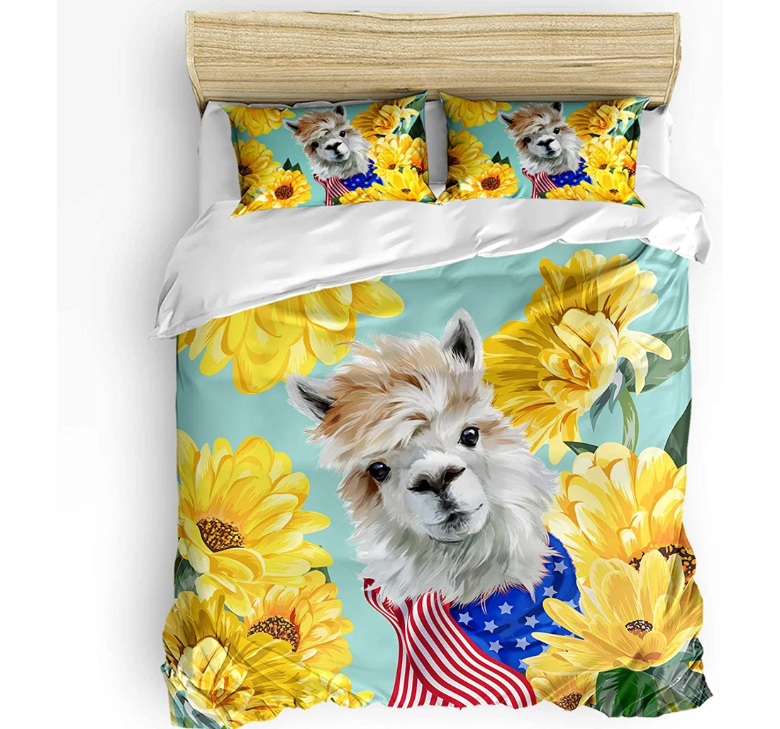 Personalized Bedding Set - Farmhouse Animal Alpaca Usa Flag Floral Daisy Included 1 Ultra Soft Duvet Cover or Quilt and 2 Lightweight Breathe Pillowcases