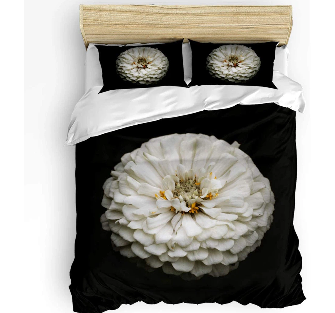 Personalized Bedding Set - White Dahlia Flower Pompons Floral Black Background Included 1 Ultra Soft Duvet Cover or Quilt and 2 Lightweight Breathe Pillowcases