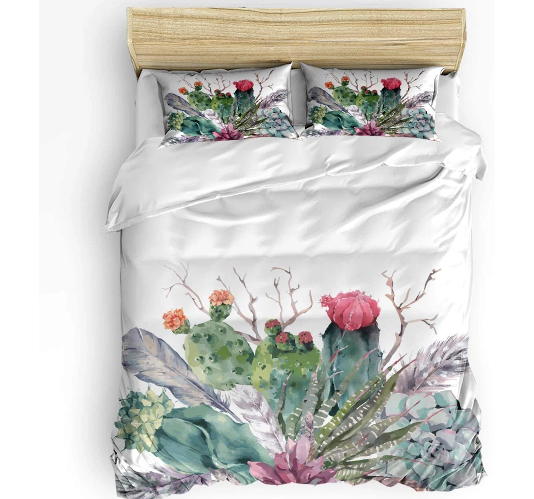 Personalized Bedding Set - Tropical Cactus Watercolor Floral Plants Succulent Included 1 Ultra Soft Duvet Cover or Quilt and 2 Lightweight Breathe Pillowcases