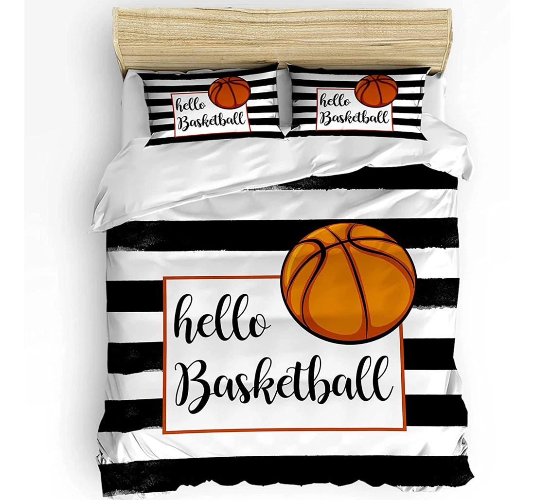 Personalized Bedding Set - Sport Hello Basketball Black Wihte Stripe Included 1 Ultra Soft Duvet Cover or Quilt and 2 Lightweight Breathe Pillowcases