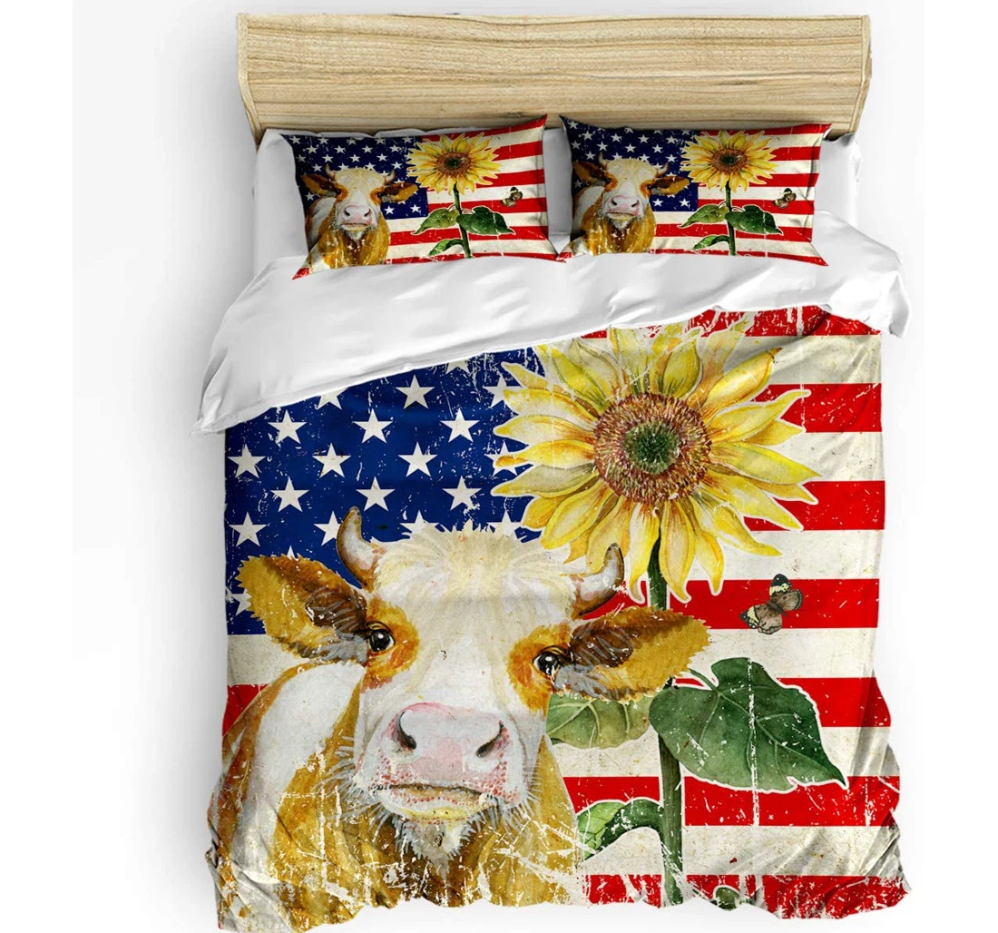 Personalized Bedding Set - Cow Sunflower Stripes American Flag Vintage Farmhouse Included 1 Ultra Soft Duvet Cover or Quilt and 2 Lightweight Breathe Pillowcases