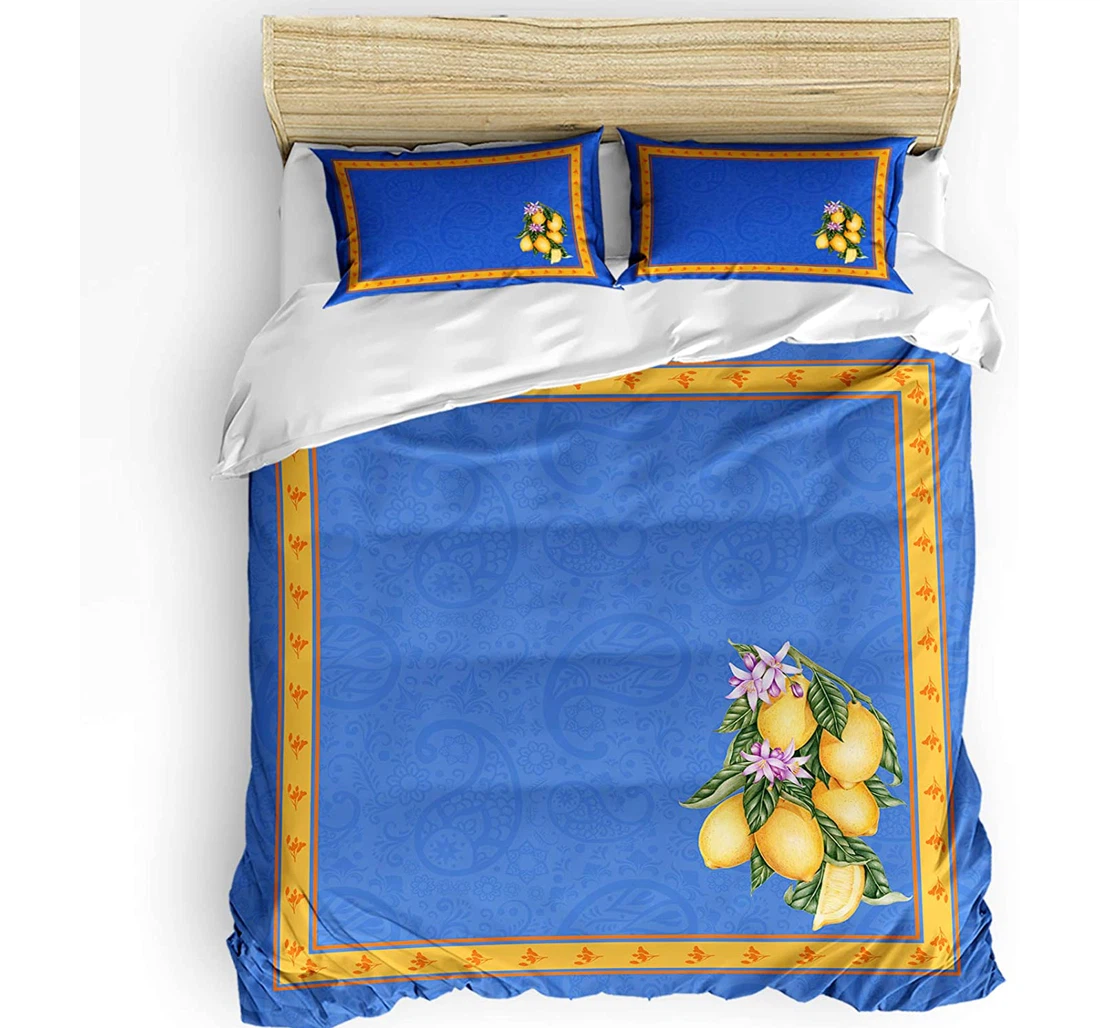 Personalized Bedding Set - Lemon Leaves Flower Blue Paisley Pattern Included 1 Ultra Soft Duvet Cover or Quilt and 2 Lightweight Breathe Pillowcases