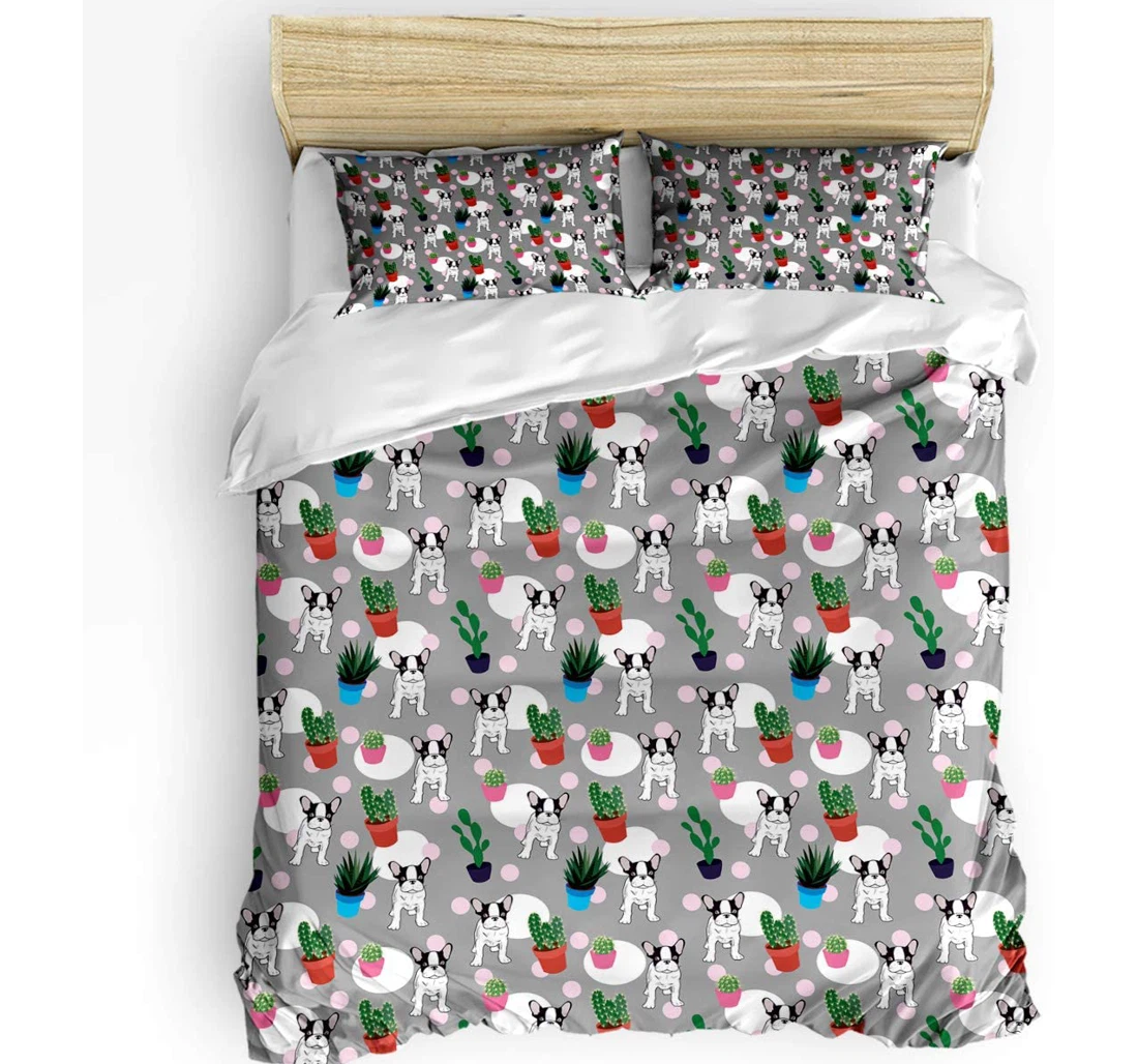 Personalized Bedding Set - Bulldog Cactus Polka Dot Grey Included 1 Ultra Soft Duvet Cover or Quilt and 2 Lightweight Breathe Pillowcases