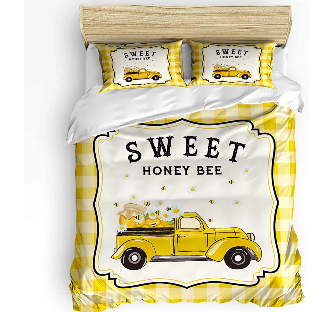 Personalized Bedding Set - Sweet Honey Bees Yellow Plaid Truck Daisy Included 1 Ultra Soft Duvet Cover or Quilt and 2 Lightweight Breathe Pillowcases