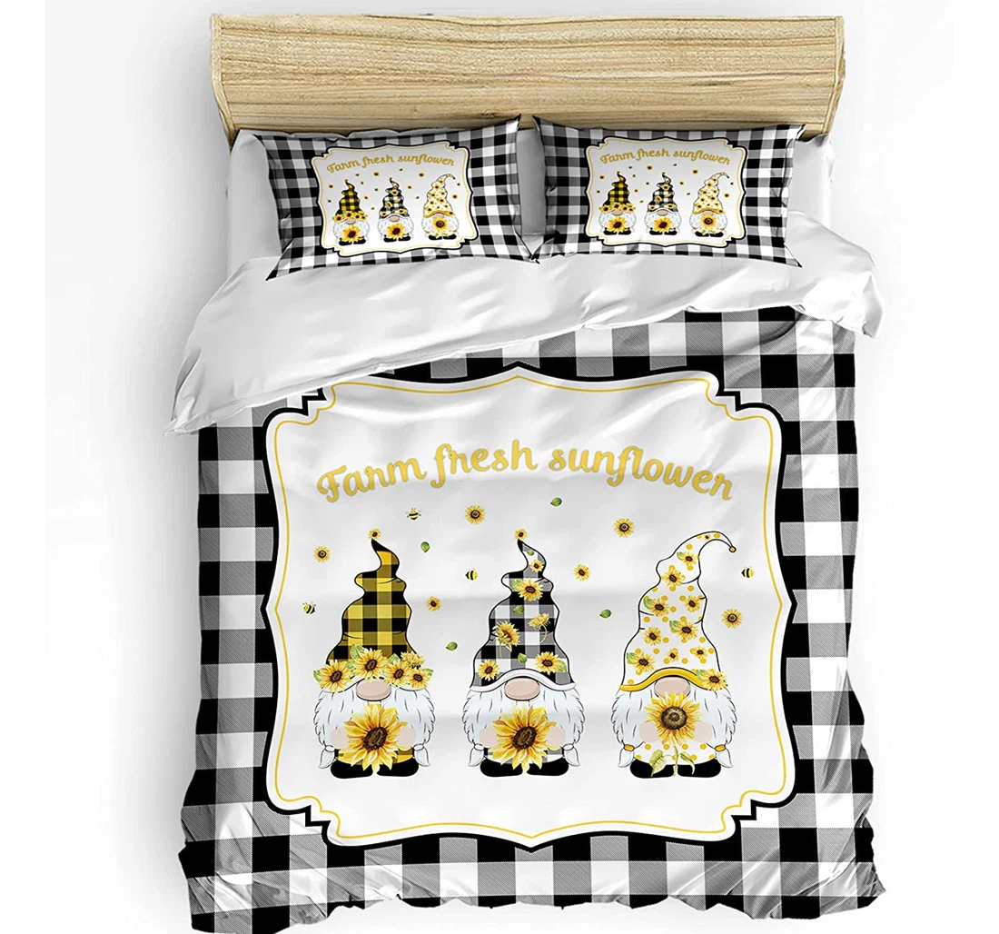 Personalized Bedding Set - Farm Sunflower Gnomes Buffalo Check Included 1 Ultra Soft Duvet Cover or Quilt and 2 Lightweight Breathe Pillowcases