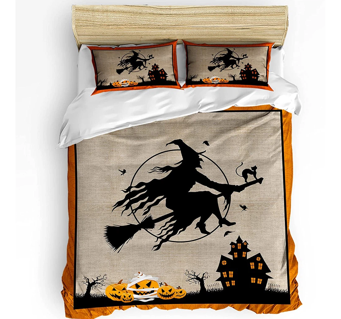 Personalized Bedding Set - Halloween Witch Riding Broom Ghost Bat Castle Pumpkin Retro Included 1 Ultra Soft Duvet Cover or Quilt and 2 Lightweight Breathe Pillowcases