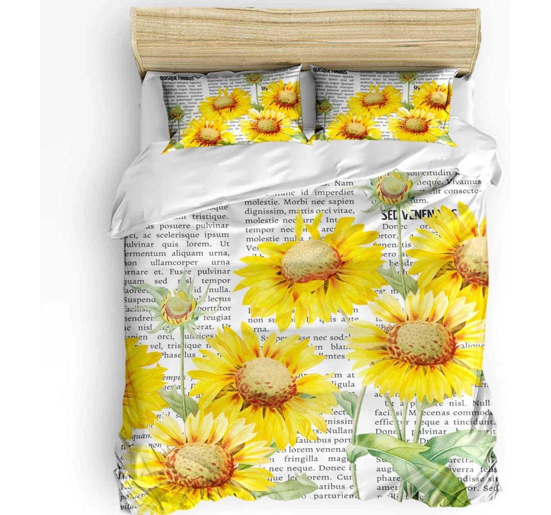 Personalized Bedding Set - Watercolor Sunflower Blooms Floral Old Newspaper Included 1 Ultra Soft Duvet Cover or Quilt and 2 Lightweight Breathe Pillowcases