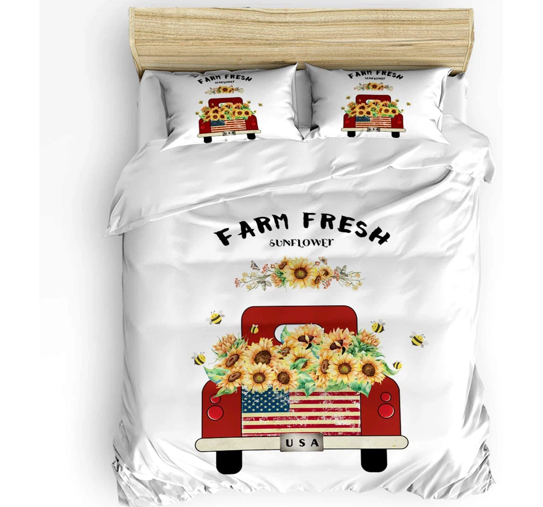 Personalized Bedding Set - Farm Fresh Sunflower Farmhouse Truck Floral Plants Included 1 Ultra Soft Duvet Cover or Quilt and 2 Lightweight Breathe Pillowcases