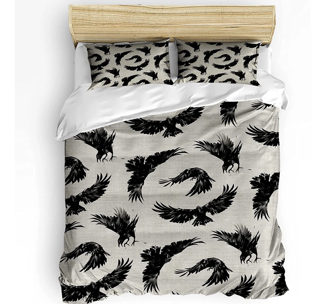 Personalized Bedding Set - Halloween Black Ravens Crows Gray Texture Backdrop Included 1 Ultra Soft Duvet Cover or Quilt and 2 Lightweight Breathe Pillowcases