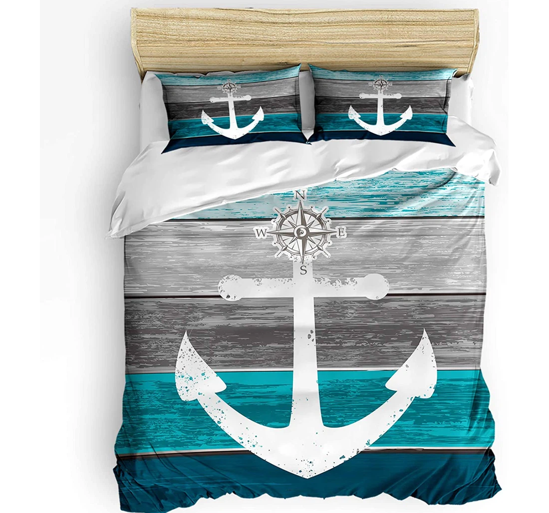 Personalized Bedding Set - Nautical Anchor Vintage Wood Grain Teal Green Included 1 Ultra Soft Duvet Cover or Quilt and 2 Lightweight Breathe Pillowcases