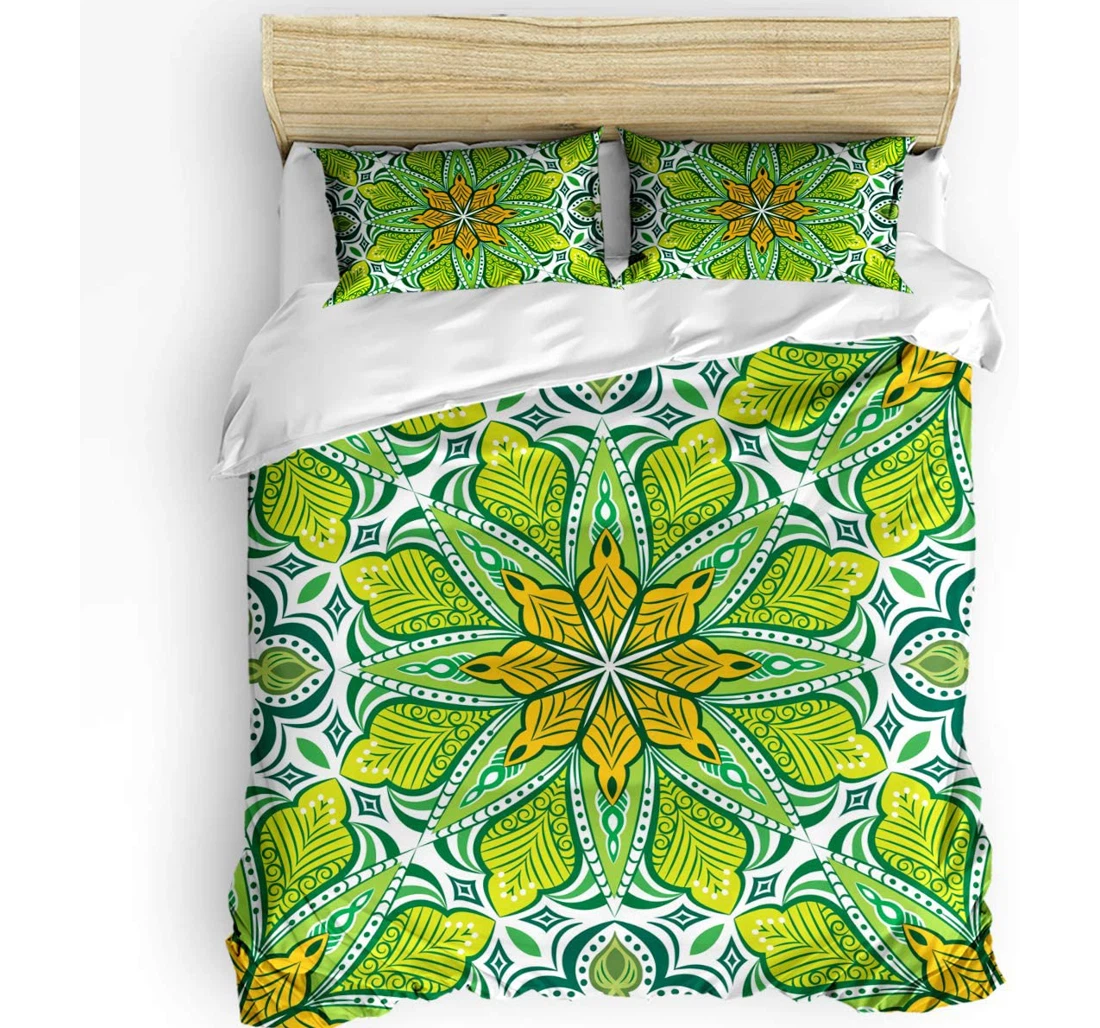 Personalized Bedding Set - Green Boho Style Grand Mandala Leaf Forms Included 1 Ultra Soft Duvet Cover or Quilt and 2 Lightweight Breathe Pillowcases