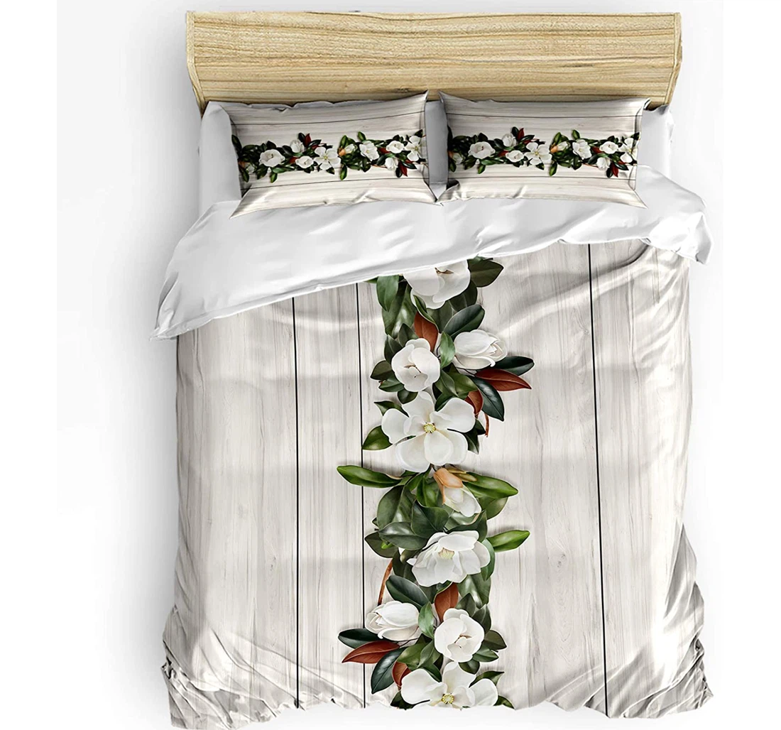 Personalized Bedding Set - Magnolia Flower Wood Grain Included 1 Ultra Soft Duvet Cover or Quilt and 2 Lightweight Breathe Pillowcases