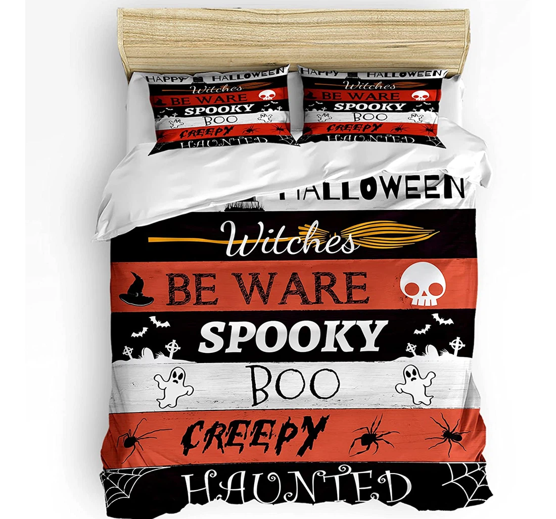 Personalized Bedding Set - Halloween Spooky Skull Ghost Wood Grainred Black White Included 1 Ultra Soft Duvet Cover or Quilt and 2 Lightweight Breathe Pillowcases