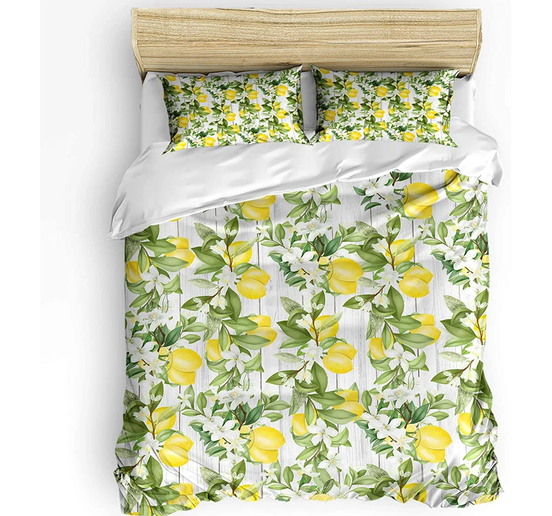 Personalized Bedding Set - Lemon Leaves Floral Wood Grain Summer Fruit Included 1 Ultra Soft Duvet Cover or Quilt and 2 Lightweight Breathe Pillowcases