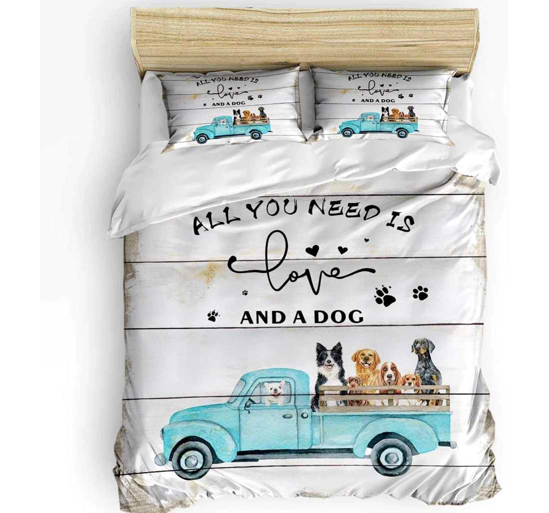Personalized Bedding Set - Blue Truck Dog Farmhouse Animal Retro Wood Grain Included 1 Ultra Soft Duvet Cover or Quilt and 2 Lightweight Breathe Pillowcases