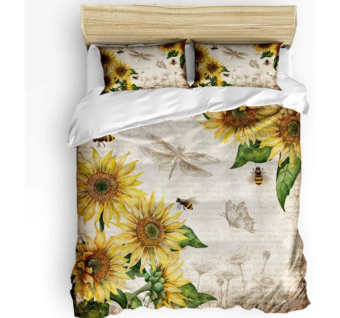 Personalized Bedding Set - Vintage Sunflower Bee Dragonfly Old Newspaper Included 1 Ultra Soft Duvet Cover or Quilt and 2 Lightweight Breathe Pillowcases