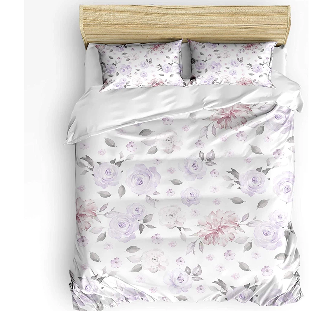 Personalized Bedding Set - Watercolor Spring Flowers Leaves Floral Rose Purple Included 1 Ultra Soft Duvet Cover or Quilt and 2 Lightweight Breathe Pillowcases