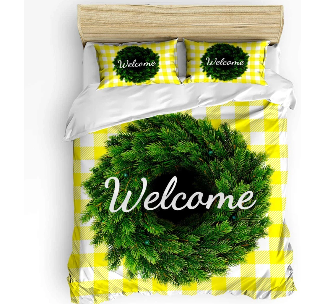 Personalized Bedding Set - Yellow Buffalo Check Plaid Wreath Welcome Included 1 Ultra Soft Duvet Cover or Quilt and 2 Lightweight Breathe Pillowcases